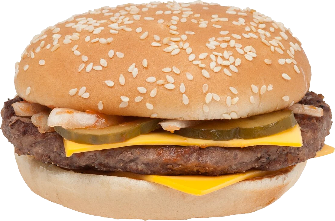 Hamburguesa de res con queso, pepinillos y cebolla